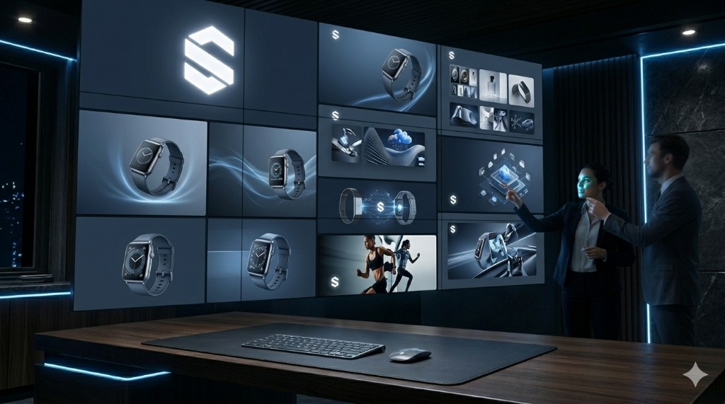StoneAI branded showroom wall with smartwatch product grid